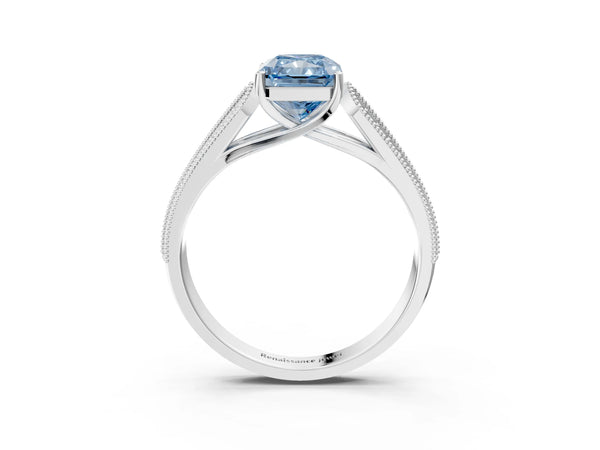 Platinum Fancy Blue Radiant Cut Cut Pave Split Shank Engagement Ring with Four-Prong Setting