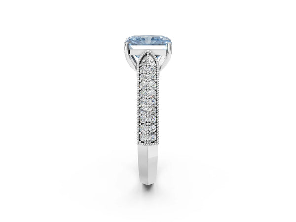 Platinum Fancy Blue Radiant Cut Cut Pave Split Shank Engagement Ring with Four-Prong Setting