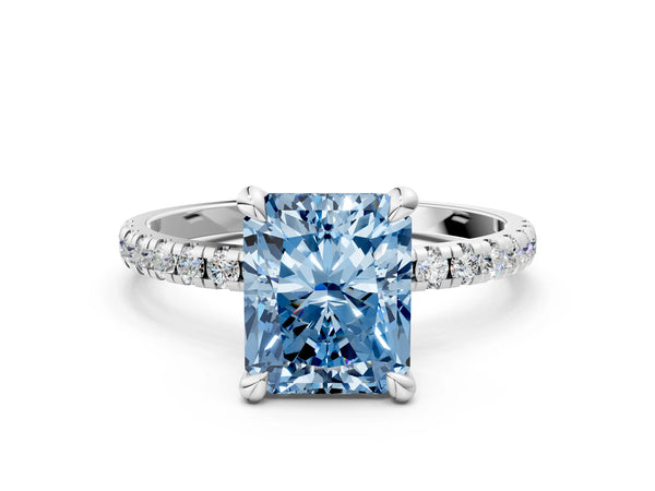 Platinum Fancy Blue Radiant Cut Diamond Brilliant Solitaire Ring with Pavé Band and Four-Prong Setting