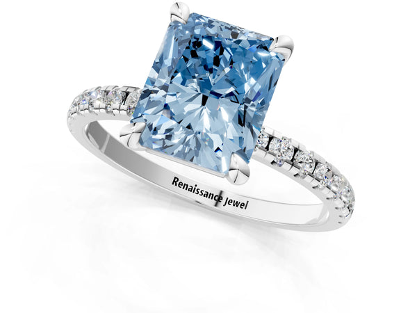Platinum Fancy Blue Radiant Cut Diamond Brilliant Solitaire Ring with Pavé Band and Four-Prong Setting