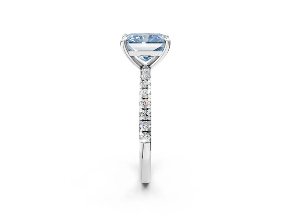 Platinum Fancy Blue Radiant Cut Diamond Brilliant Solitaire Ring with Pavé Band and Four-Prong Setting