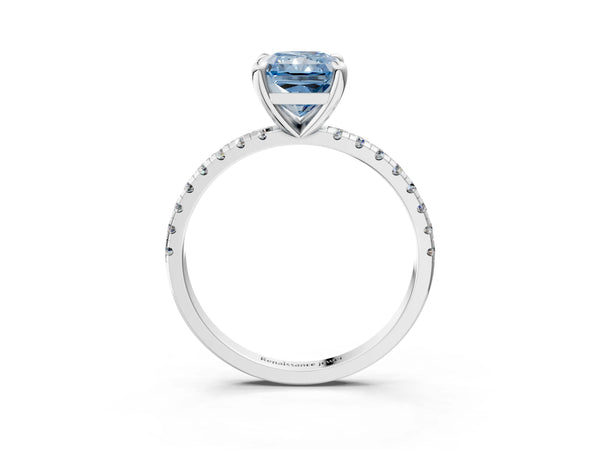 Platinum Fancy Blue Radiant Cut Diamond Brilliant Solitaire Ring with Pavé Band and Four-Prong Setting