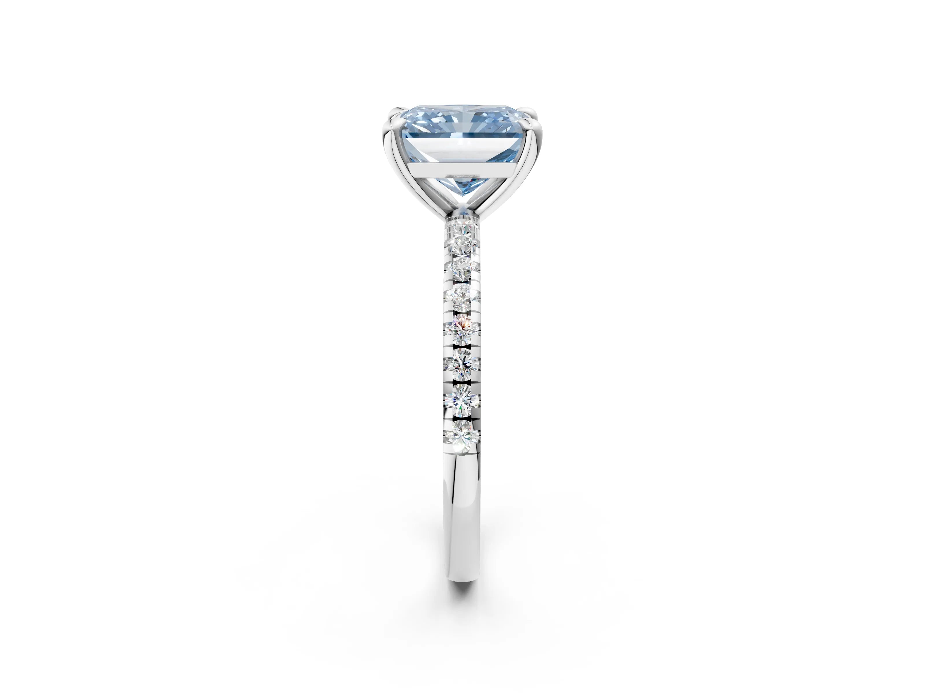 White gold Fancy Blue Radiant Cut Diamond Brilliant Solitaire Ring with Pavé Band and Four-Prong Setting_2