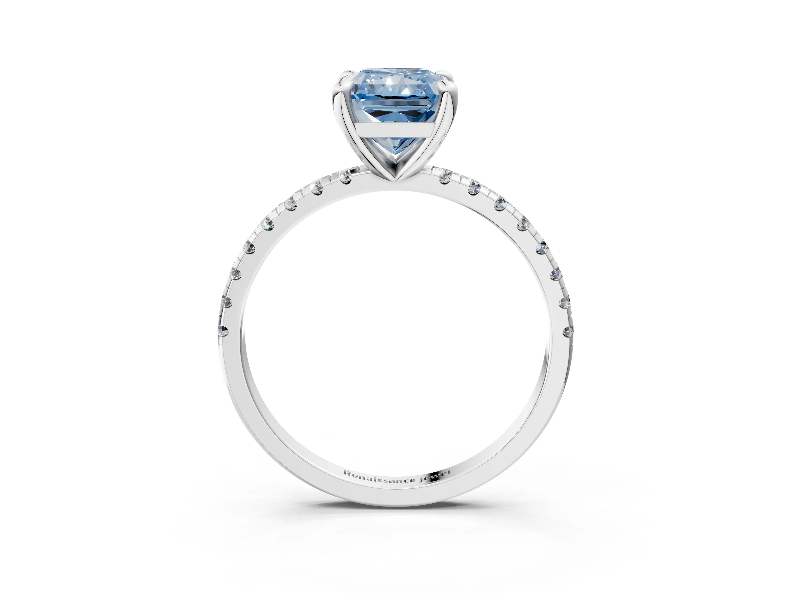 White gold Fancy Blue Radiant Cut Diamond Brilliant Solitaire Ring with Pavé Band and Four-Prong Setting_3