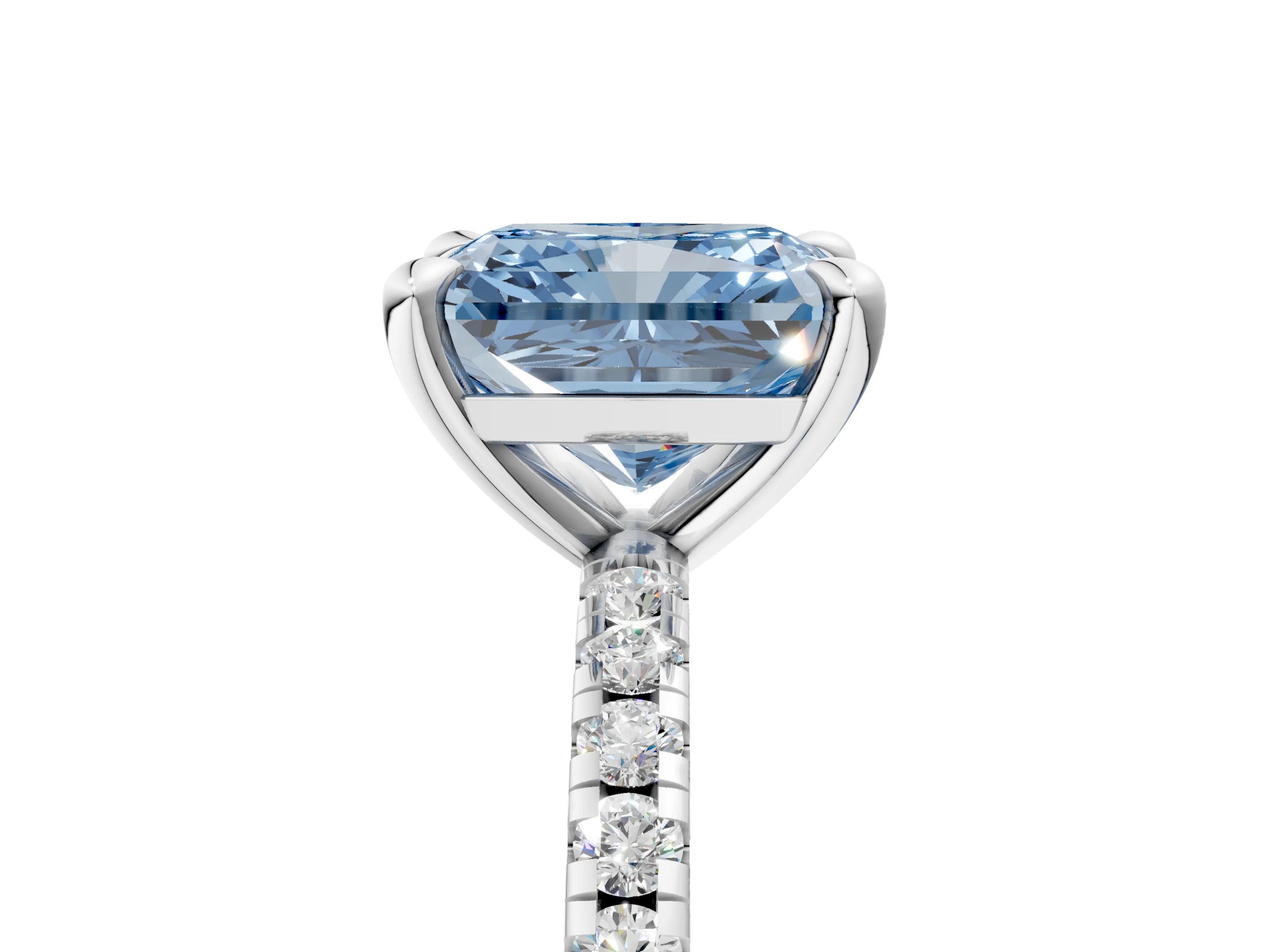 White gold Fancy Blue Radiant Cut Diamond Brilliant Solitaire Ring with Pavé Band and Four-Prong Setting_5