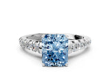 White gold Fancy Blue Radiant Cut Diamond Cathedral Solitaire Ring with Round  Pavé Band_150
