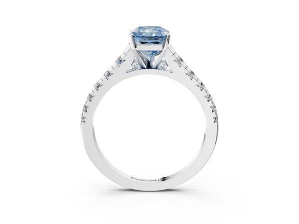 Platinum Radiant Cut Graduated Cathedral Engagement Ring Setting for Fancy Blue Center
