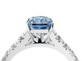 White gold Fancy Blue Radiant Cut Diamond Cathedral Solitaire Ring with Round  Pavé Band_154