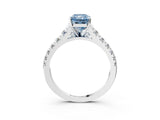 White gold Fancy Blue Radiant Cut Diamond Cathedral Solitaire Ring with Round  Pavé Band_156