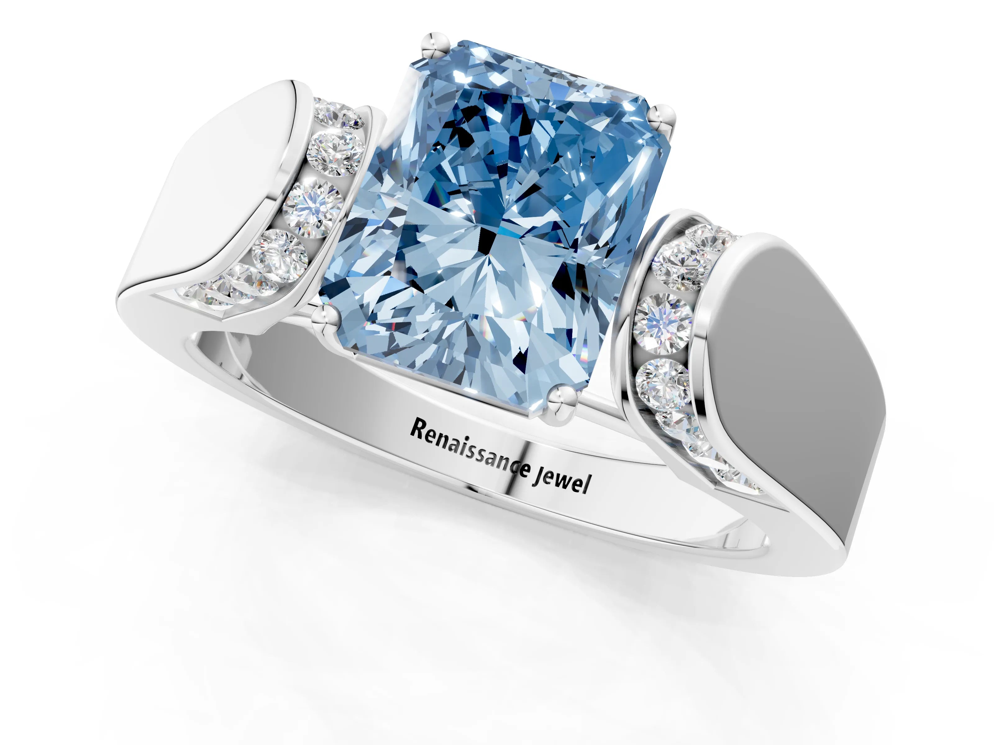 White gold Fancy Blue Radiant Cut Diamond Channel Set Solitaire Ring with Four-Prong Setting_27