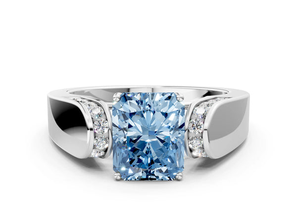 Platinum Radiant Cut Channel Set Engagement Ring Setting for Fancy Blue Center with Wide Band