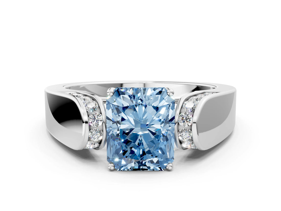 White gold Fancy Blue Radiant Cut Diamond Channel Set Solitaire Ring with Four-Prong Setting_75
