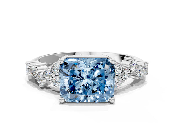 Platinum Fancy Blue Radiant Cut Diamond Cluster Pavé Band with Four-Prong Setting