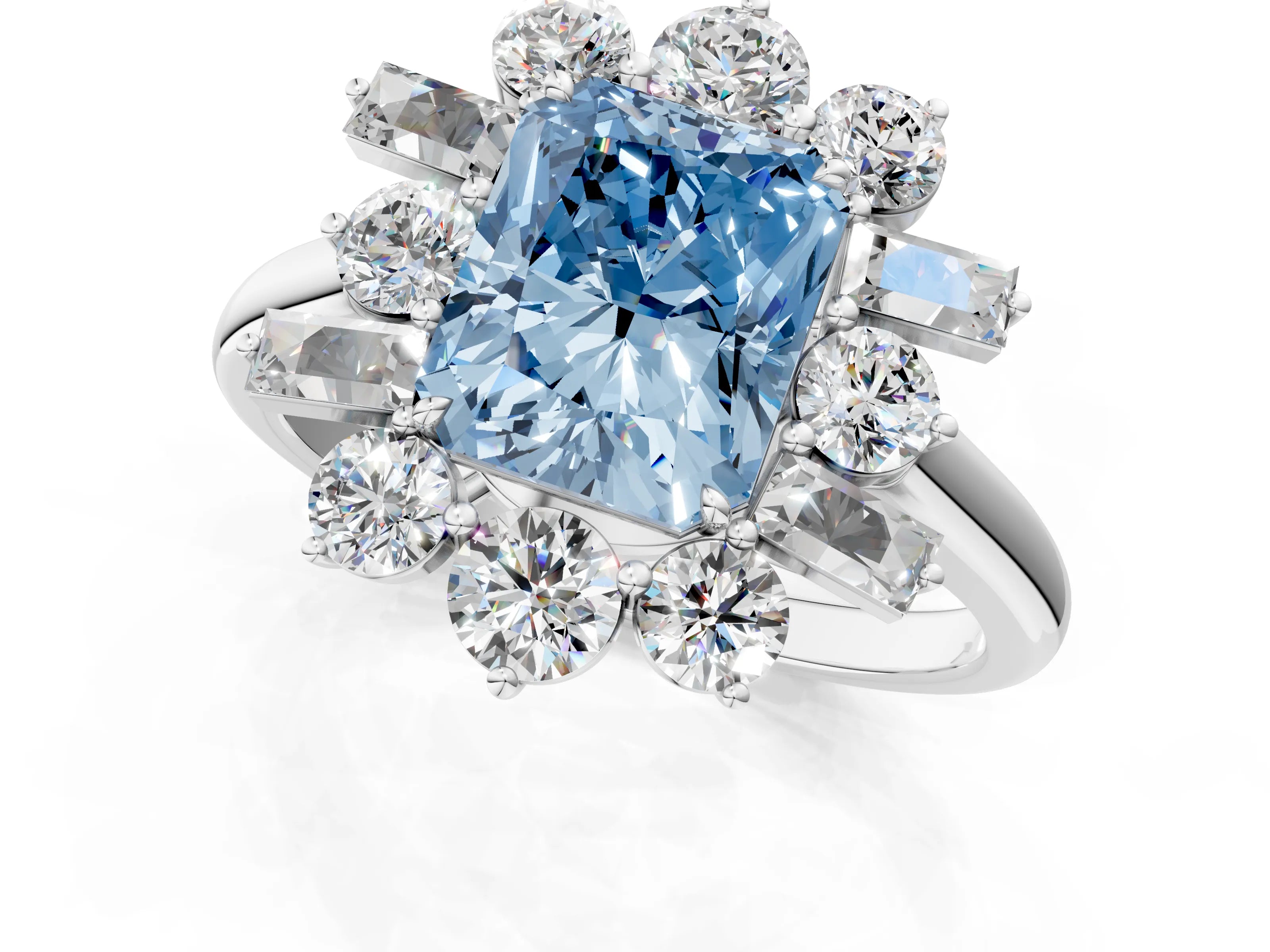 White gold Fancy Blue Radiant Cut Diamond Cluster Ring with Round and Baguette Stones, Split Shank Band, Prong Setting_1
