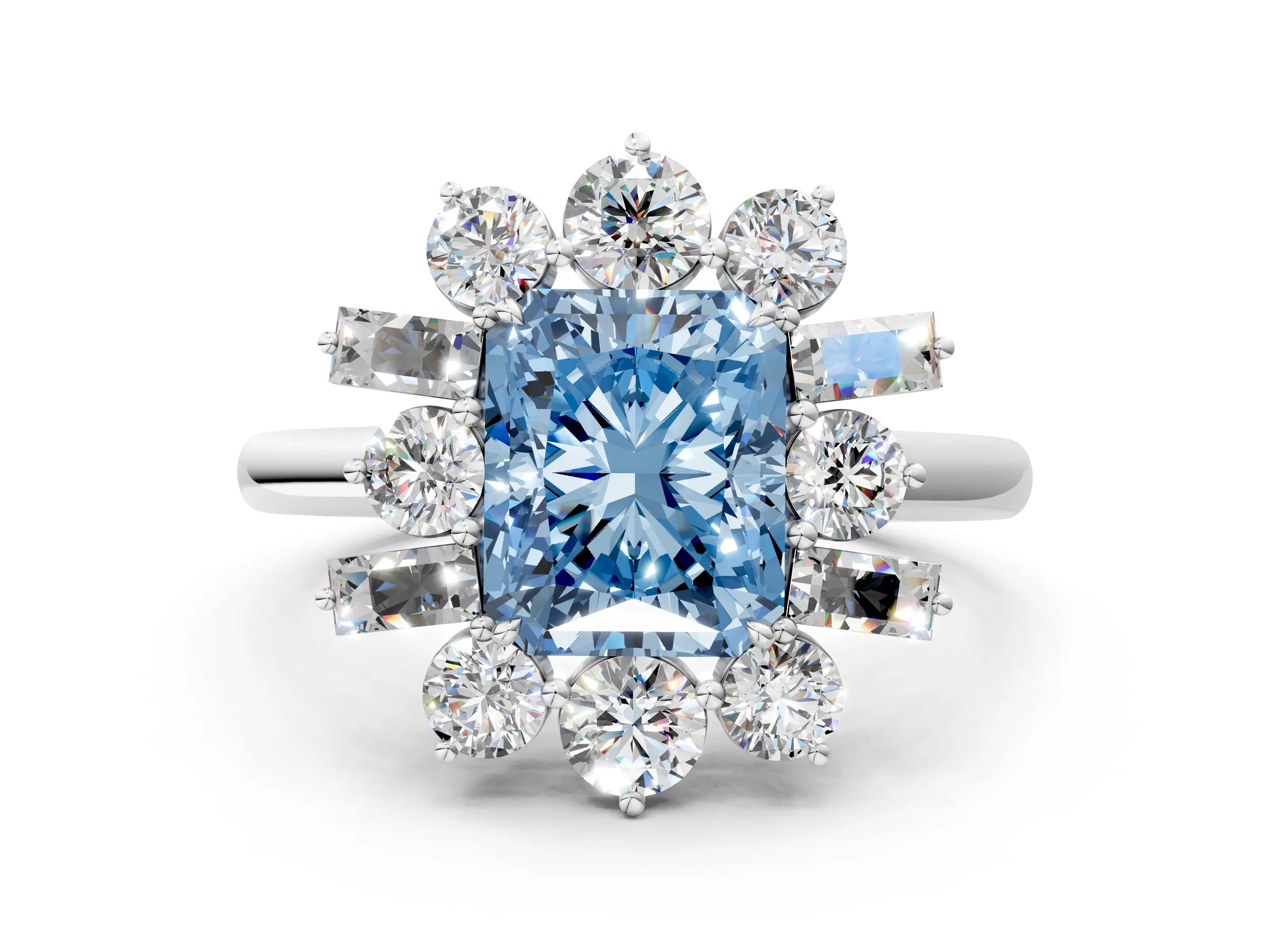 White gold Fancy Blue Radiant Cut Diamond Cluster Ring with Round and Baguette Stones, Split Shank Band, Prong Setting_12