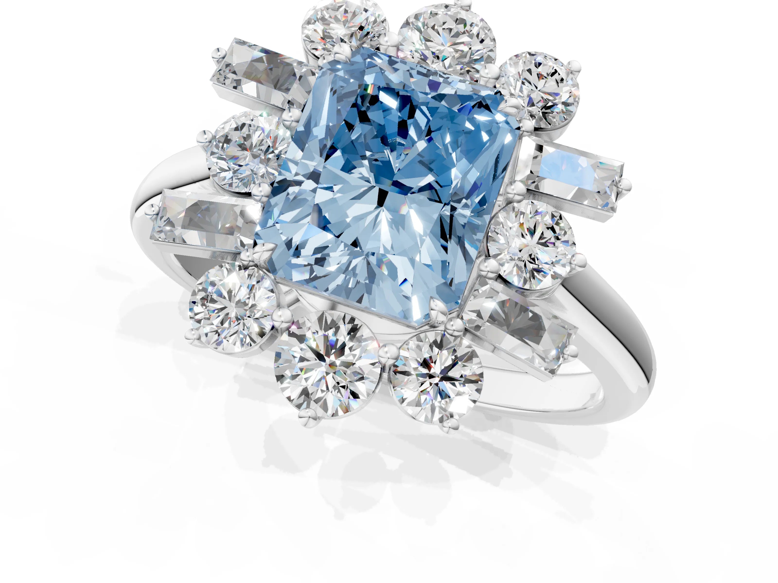 White gold Fancy Blue Radiant Cut Diamond Cluster Ring with Round and Baguette Stones, Split Shank Band, Prong Setting_13