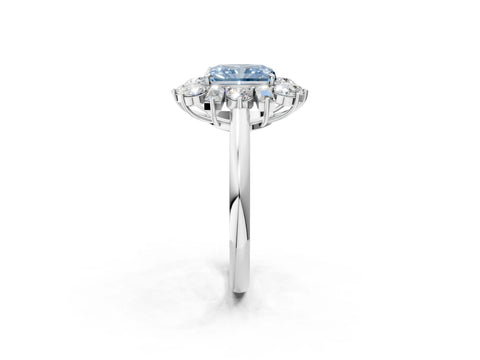 White gold Fancy Blue Radiant Cut Diamond Cluster Ring with Round and Baguette Stones, Split Shank Band, Prong Setting_14