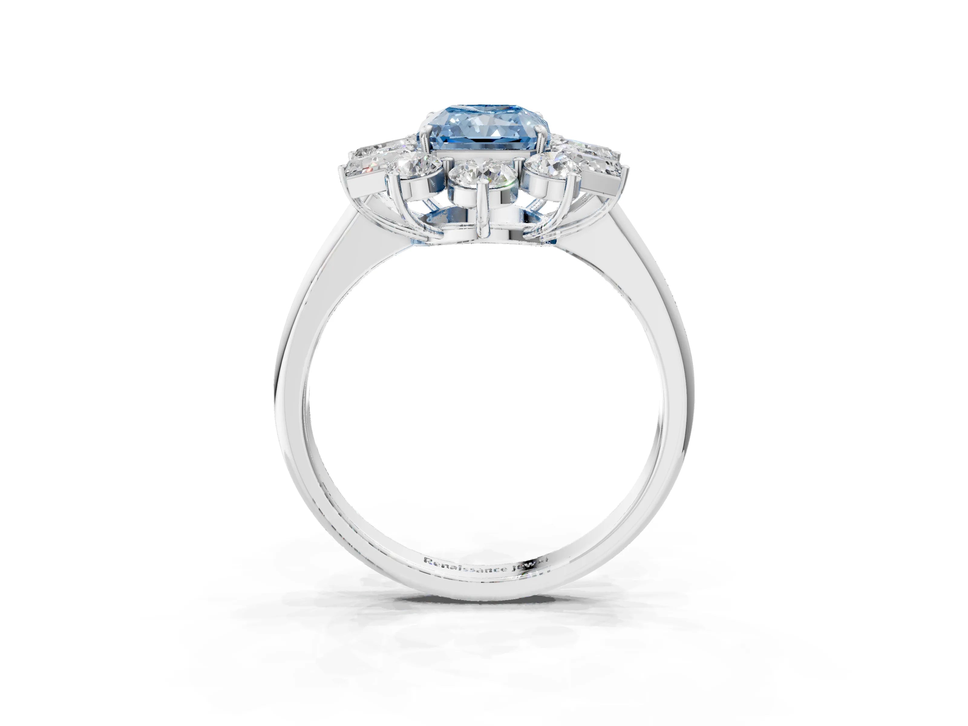 White gold Fancy Blue Radiant Cut Diamond Cluster Ring with Round and Baguette Stones, Split Shank Band, Prong Setting_15