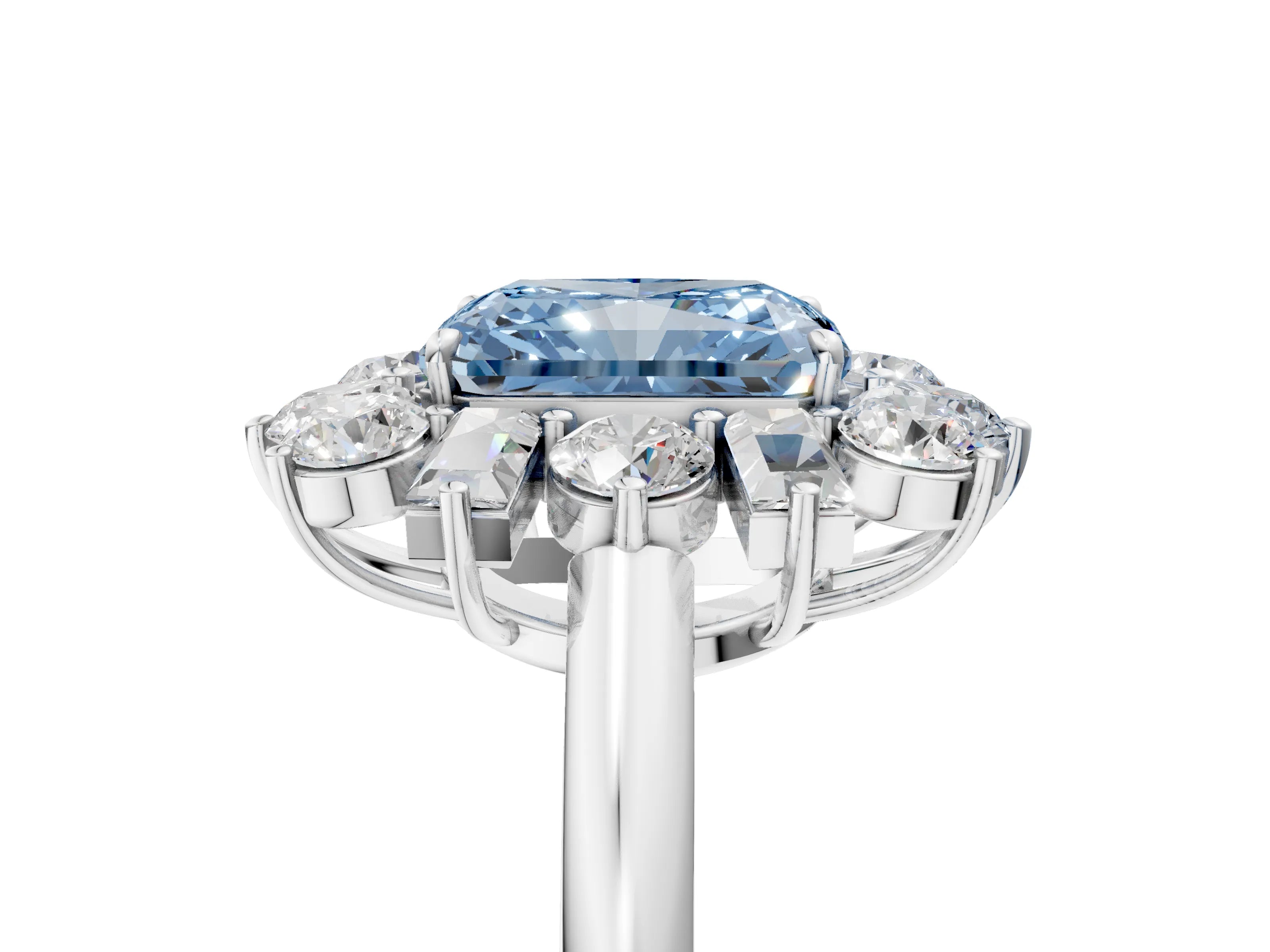 White gold Fancy Blue Radiant Cut Diamond Cluster Ring with Round and Baguette Stones, Split Shank Band, Prong Setting_17