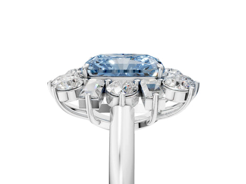 White gold Fancy Blue Radiant Cut Diamond Cluster Ring with Round and Baguette Stones, Split Shank Band, Prong Setting_17