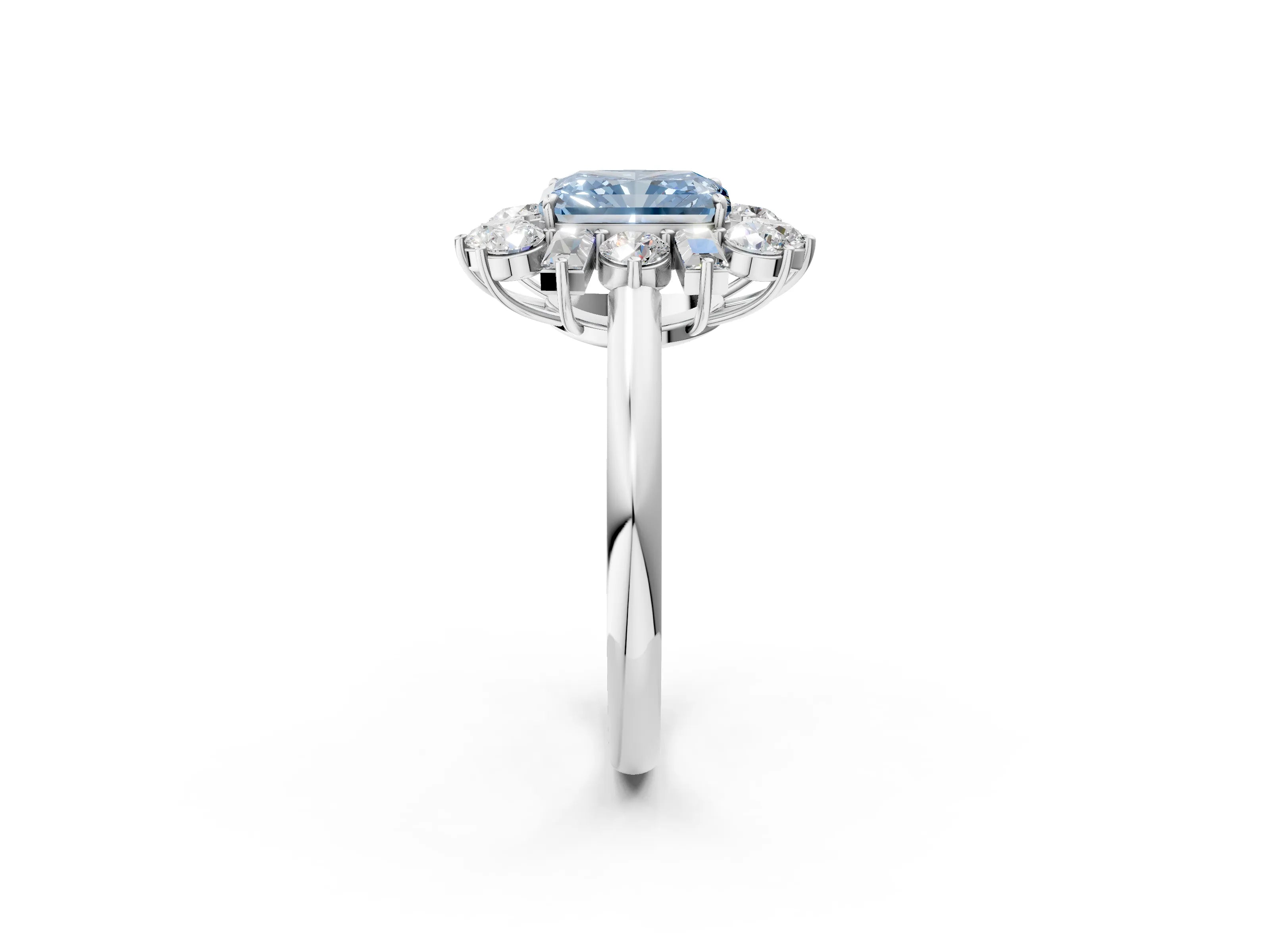 White gold Fancy Blue Radiant Cut Diamond Cluster Ring with Round and Baguette Stones, Split Shank Band, Prong Setting_2