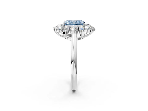 White gold Fancy Blue Radiant Cut Diamond Cluster Ring with Round and Baguette Stones, Split Shank Band, Prong Setting_2