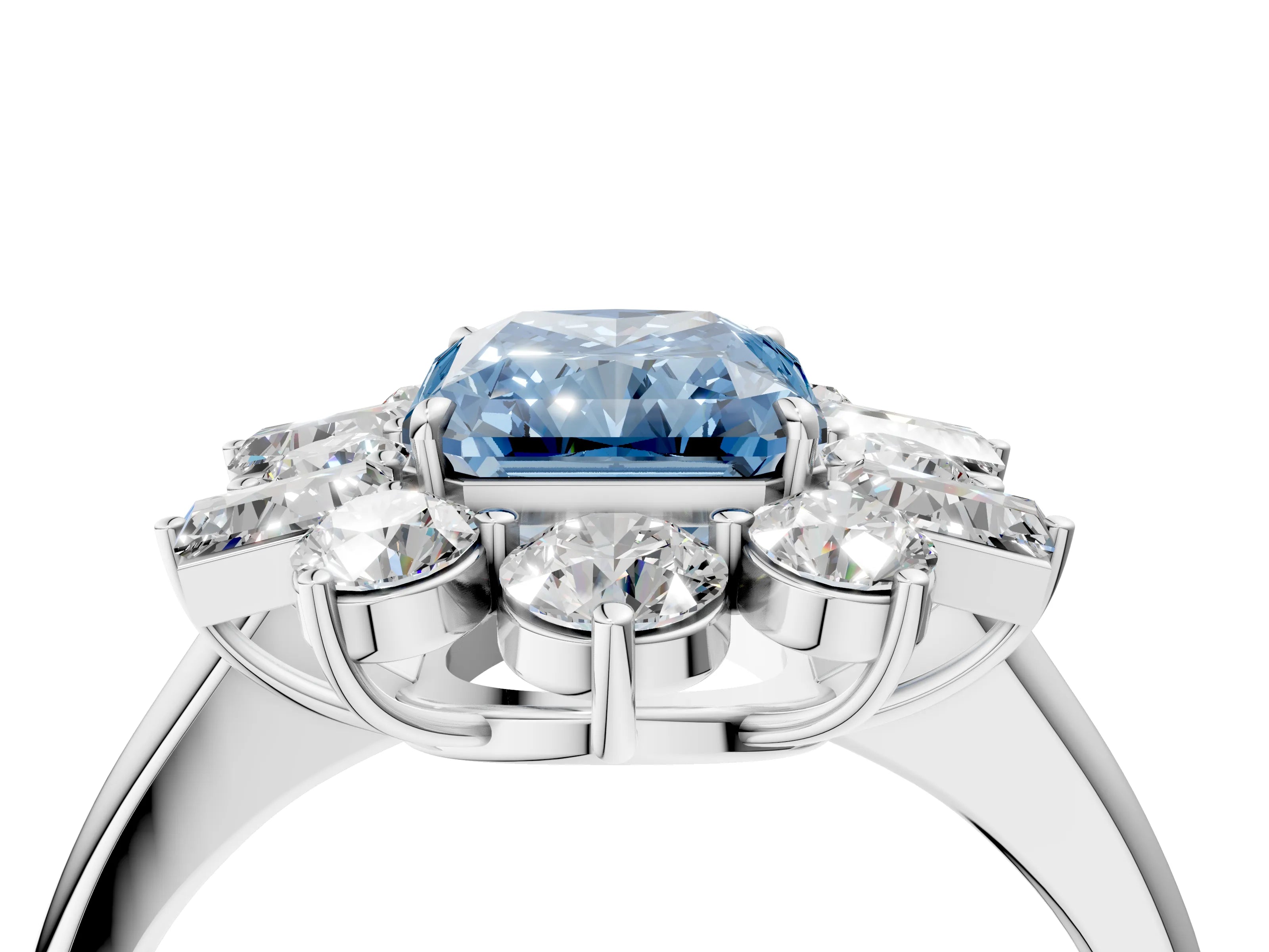 White gold Fancy Blue Radiant Cut Diamond Cluster Ring with Round and Baguette Stones, Split Shank Band, Prong Setting_4