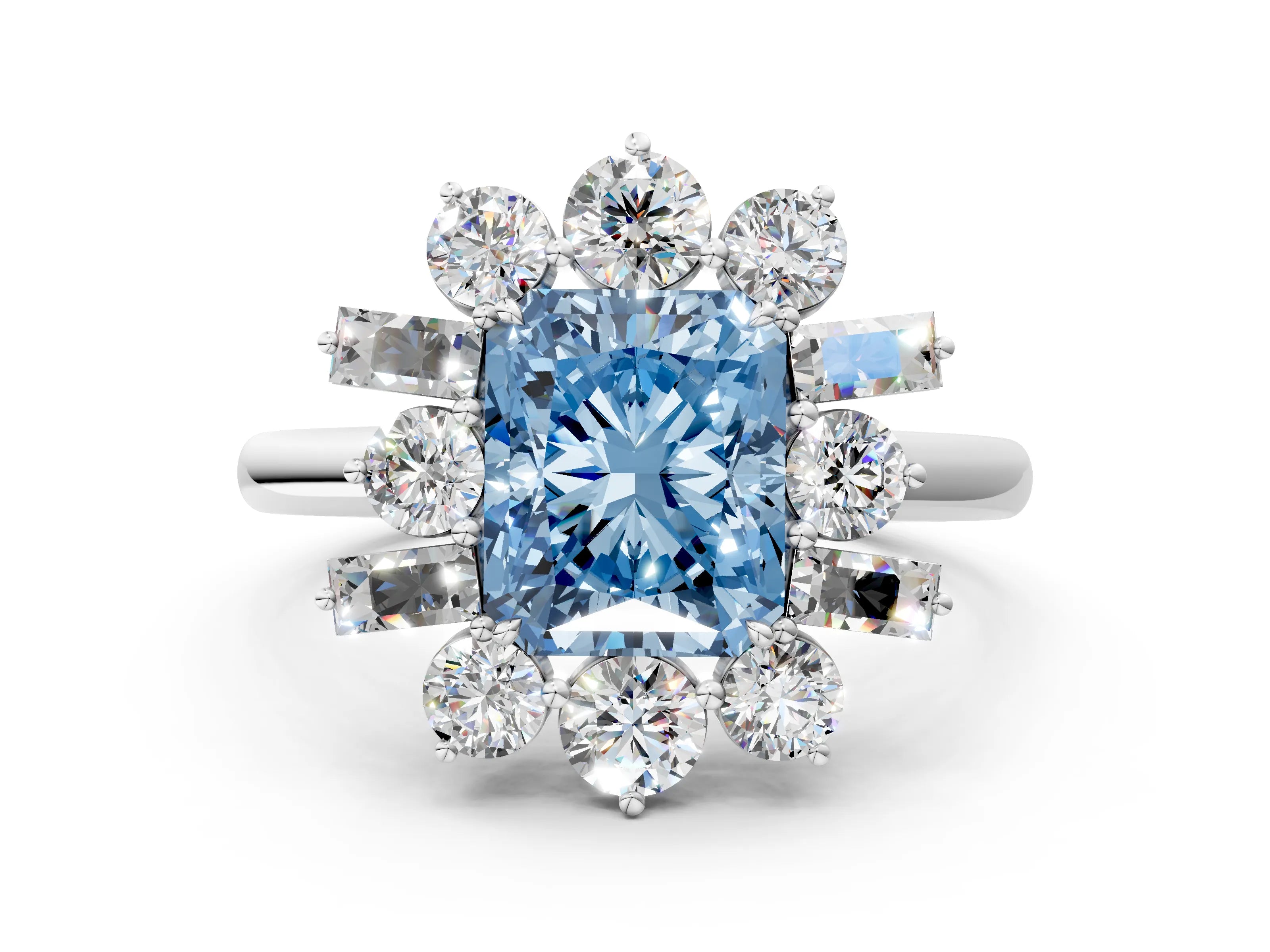 White gold Fancy Blue Radiant Cut Diamond Cluster Ring with Round and Baguette Stones, Split Shank Band, Prong Setting