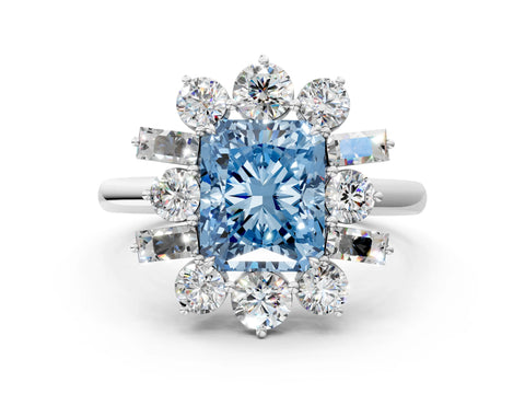White gold Fancy Blue Radiant Cut Diamond Cluster Ring with Round and Baguette Stones, Split Shank Band, Prong Setting