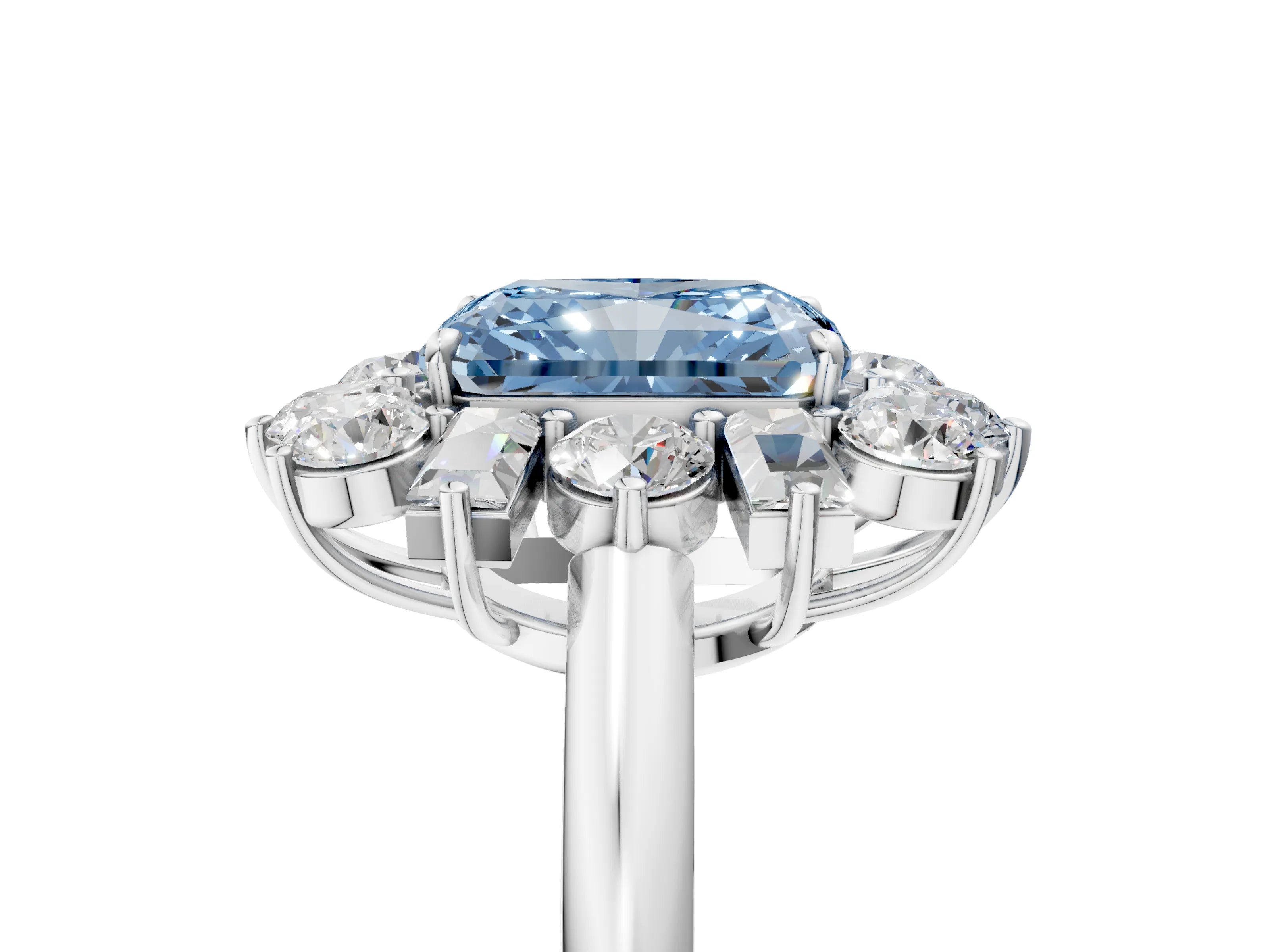 White gold Fancy Blue Radiant Cut Diamond Cluster Ring with Round and Baguette Stones, Split Shank Band, Prong Setting_5