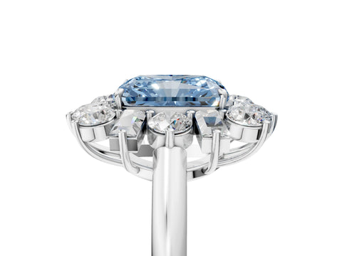 White gold Fancy Blue Radiant Cut Diamond Cluster Ring with Round and Baguette Stones, Split Shank Band, Prong Setting_5