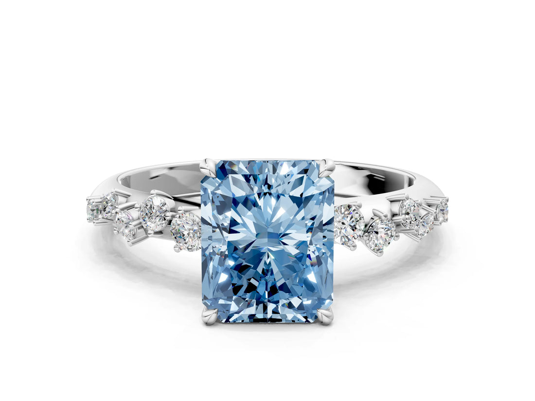 White gold Fancy Blue Radiant Cut Diamond Cluster Side Stone Solitaire Ring with Prong Setting_78