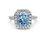 White gold Fancy Blue Radiant Cut Diamond Cushion Halo Ring with Pavé Band