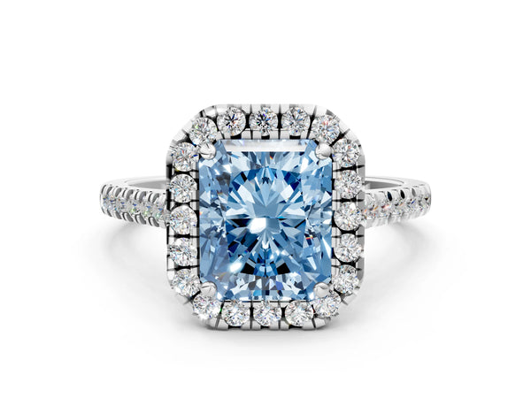 White gold Fancy Blue Radiant Cut Diamond Cushion Halo Ring with Pavé Band