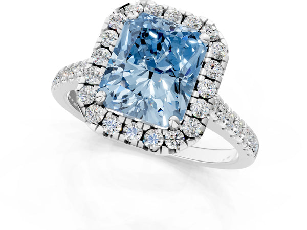White gold Fancy Blue Radiant Cut Diamond Cushion Halo Ring with Pavé Band