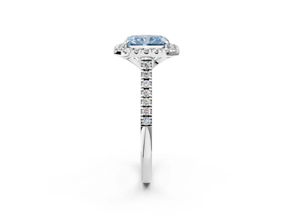 White gold Fancy Blue Radiant Cut Diamond Cushion Halo Ring with Pavé Band