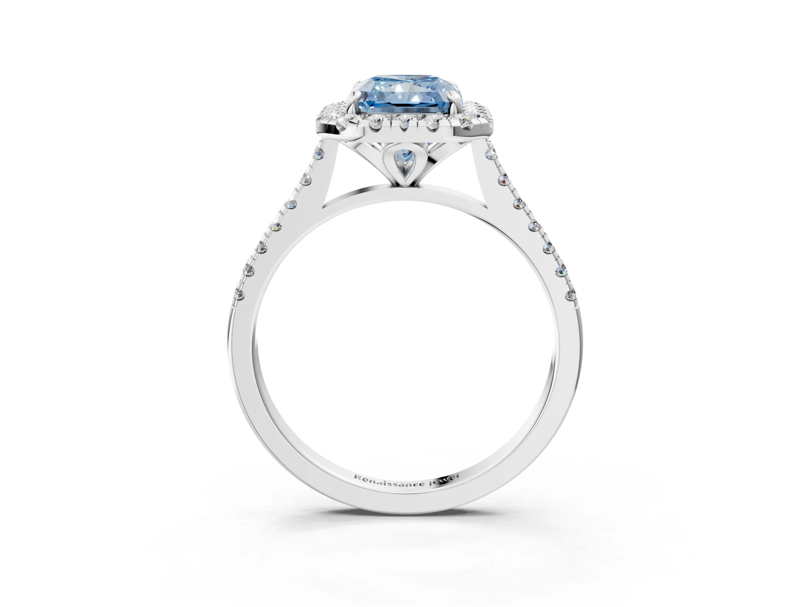 White gold Fancy Blue Radiant Cut Diamond Cushion Halo Ring with Pavé Band_15