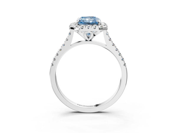 White gold Fancy Blue Radiant Cut Diamond Cushion Halo Ring with Pavé Band