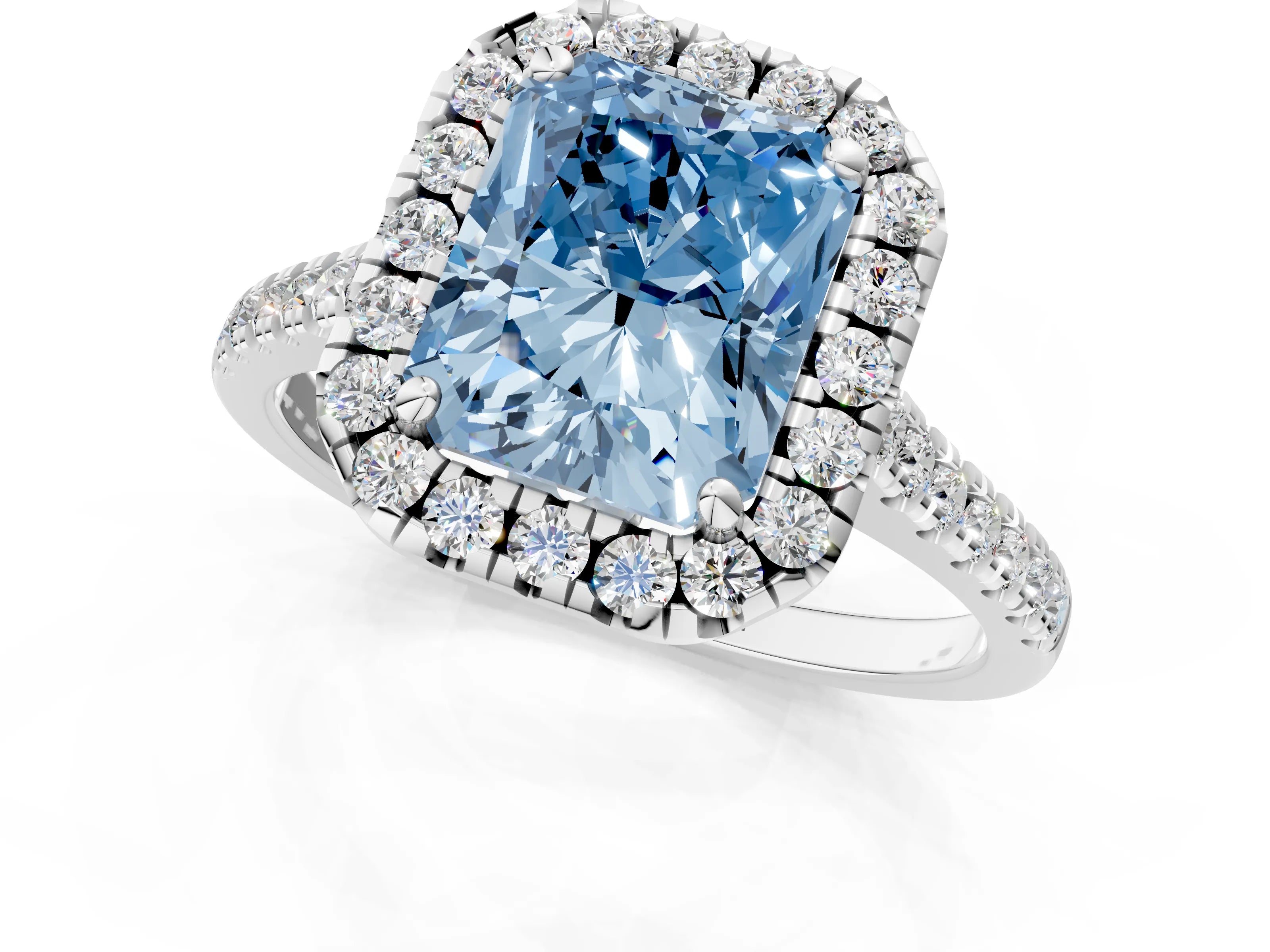 White gold Fancy Blue Radiant Cut Diamond Cushion Halo Ring with Pavé Band_1