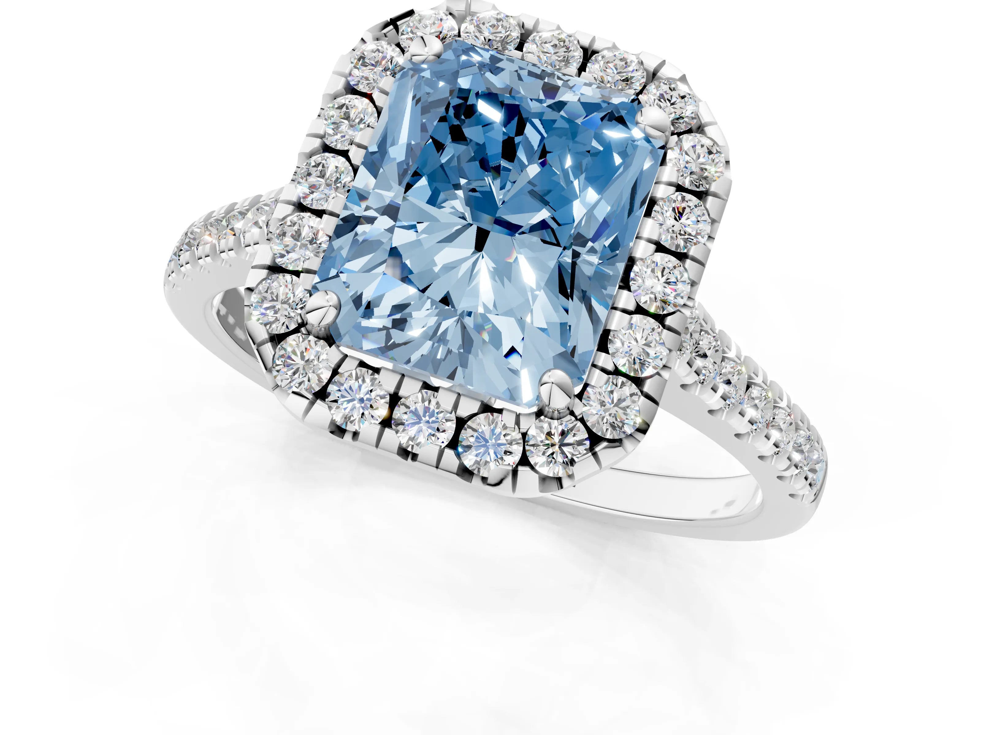 White gold Fancy Blue Radiant Cut Diamond Cushion Halo Ring with Pavé Band_1