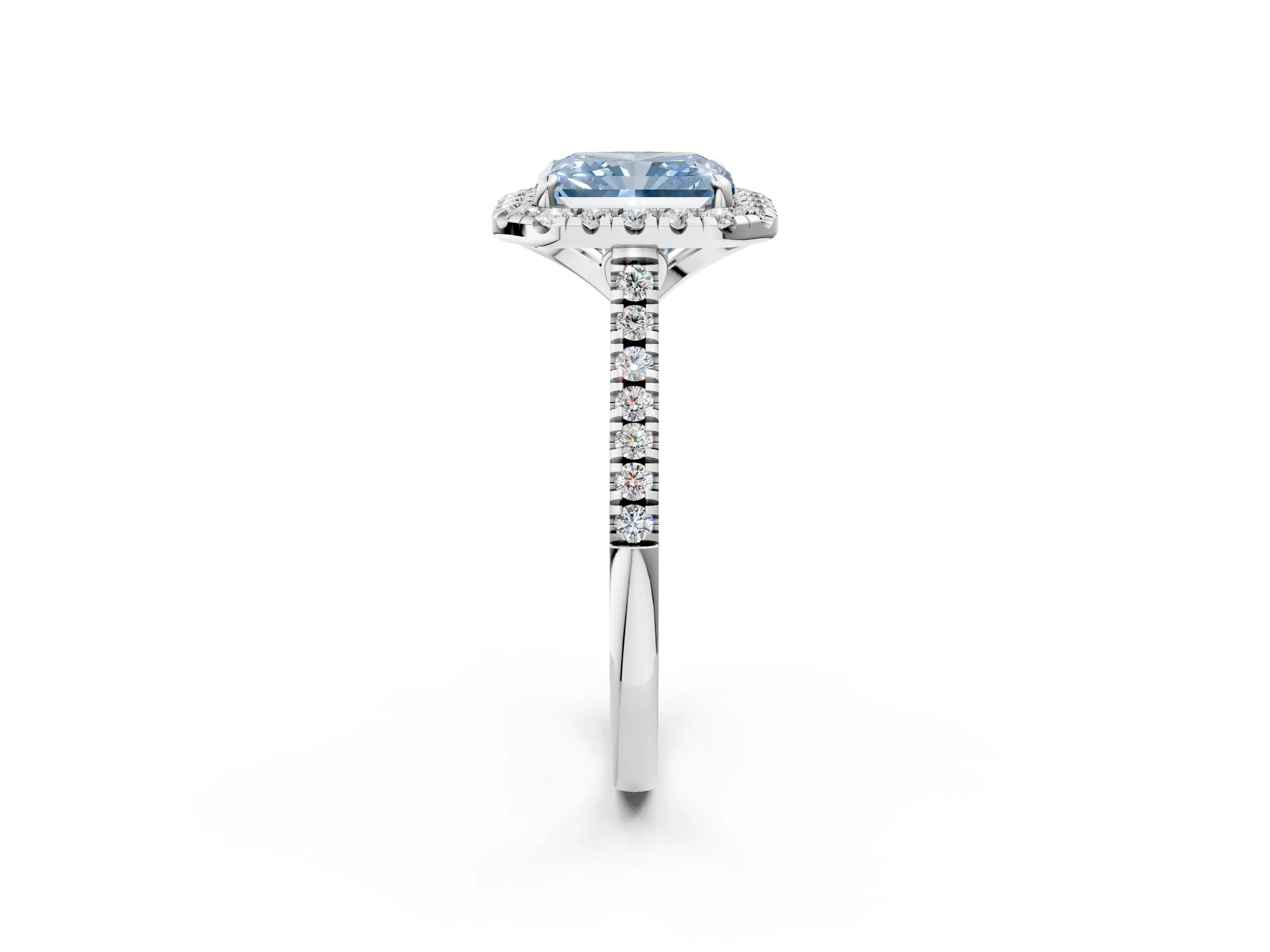 White gold Fancy Blue Radiant Cut Diamond Cushion Halo Ring with Pavé Band_2