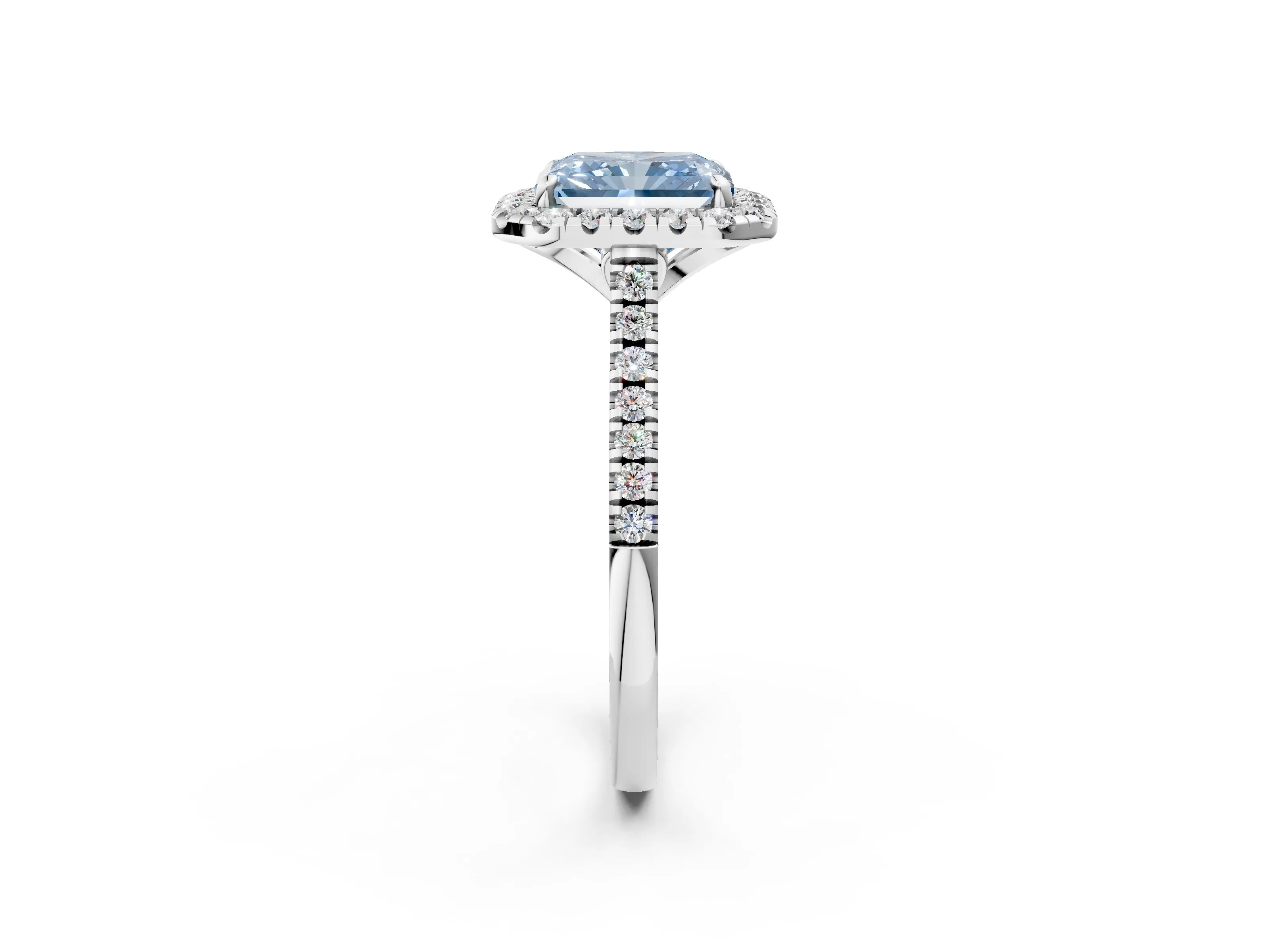 White gold Fancy Blue Radiant Cut Diamond Cushion Halo Ring with Pavé Band_2