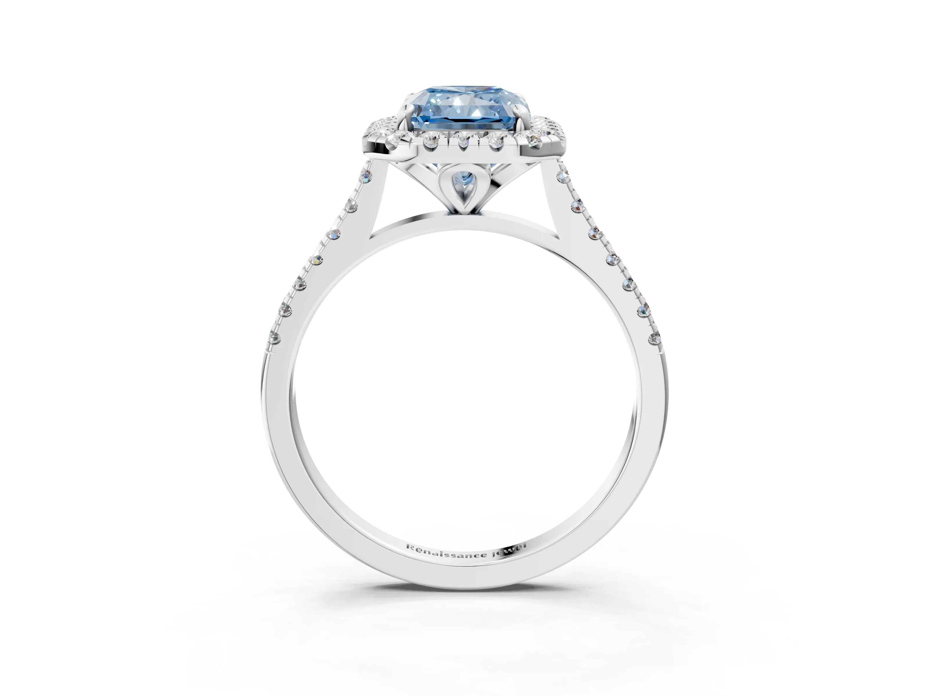 White gold Fancy Blue Radiant Cut Diamond Cushion Halo Ring with Pavé Band_3