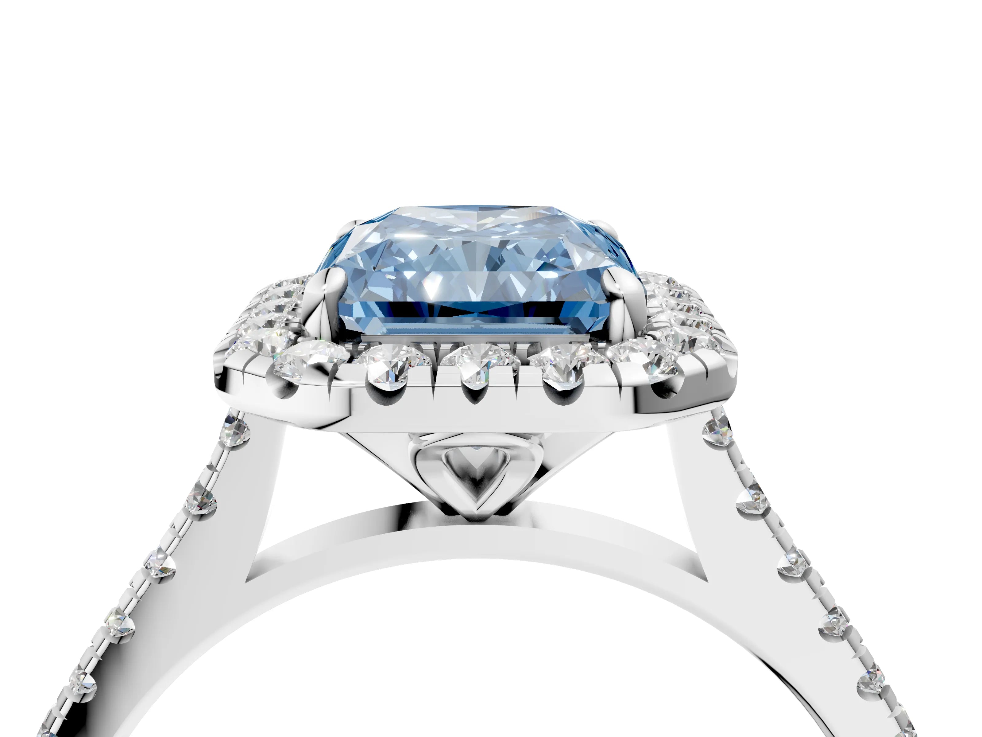 White gold Fancy Blue Radiant Cut Diamond Cushion Halo Ring with Pavé Band_4