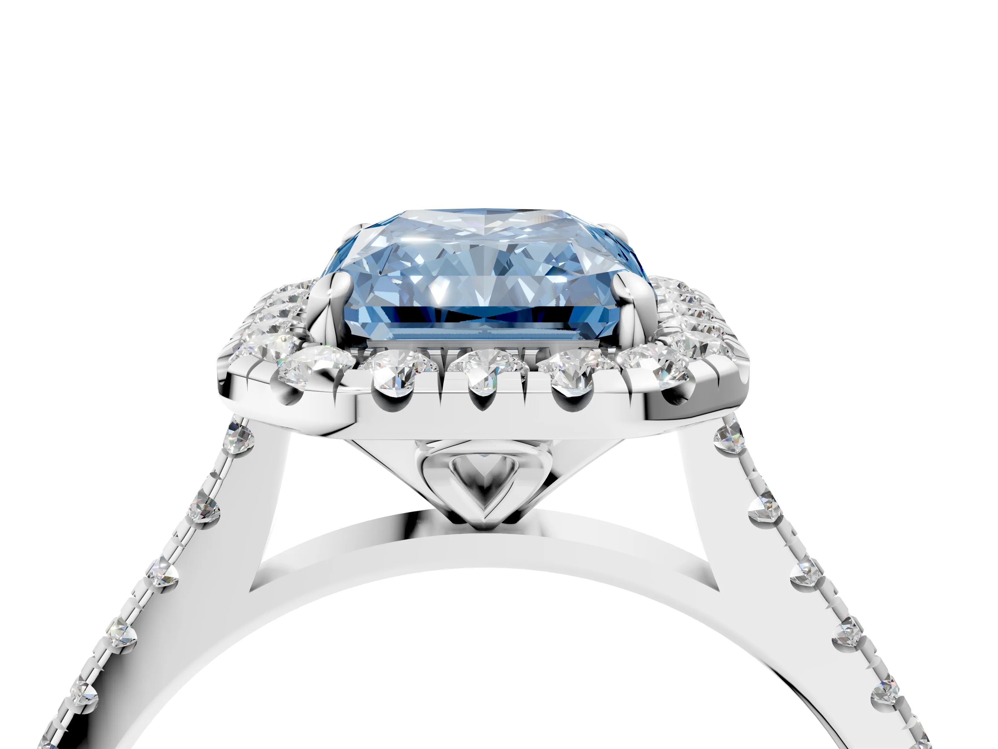 White gold Fancy Blue Radiant Cut Diamond Cushion Halo Ring with Pavé Band_4