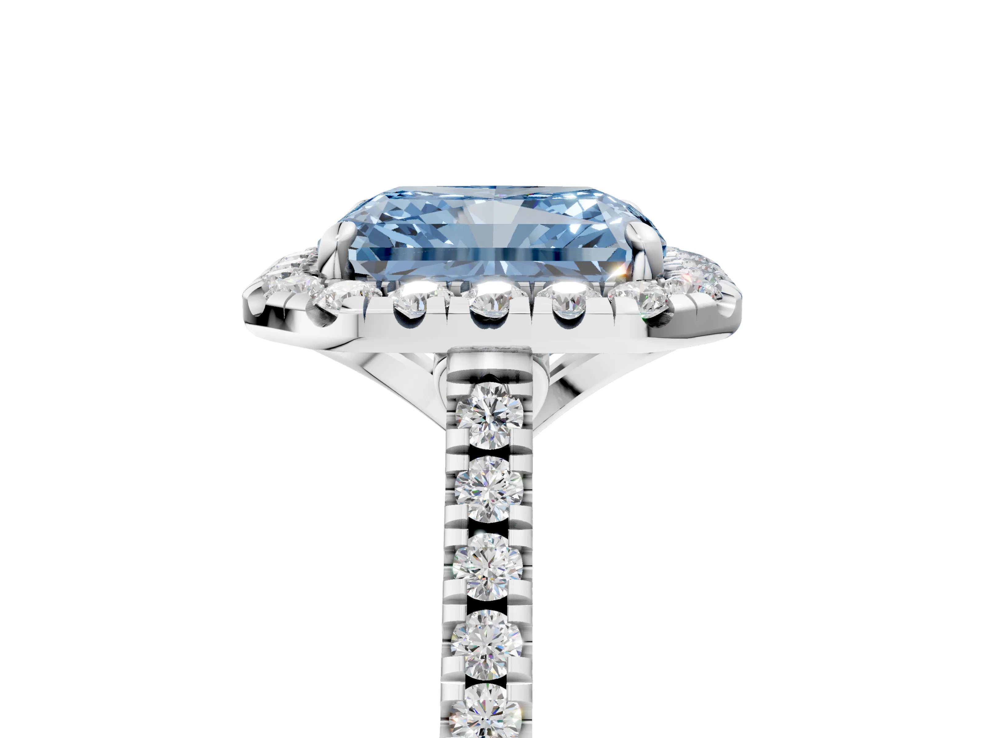 White gold Fancy Blue Radiant Cut Diamond Cushion Halo Ring with Pavé Band_5