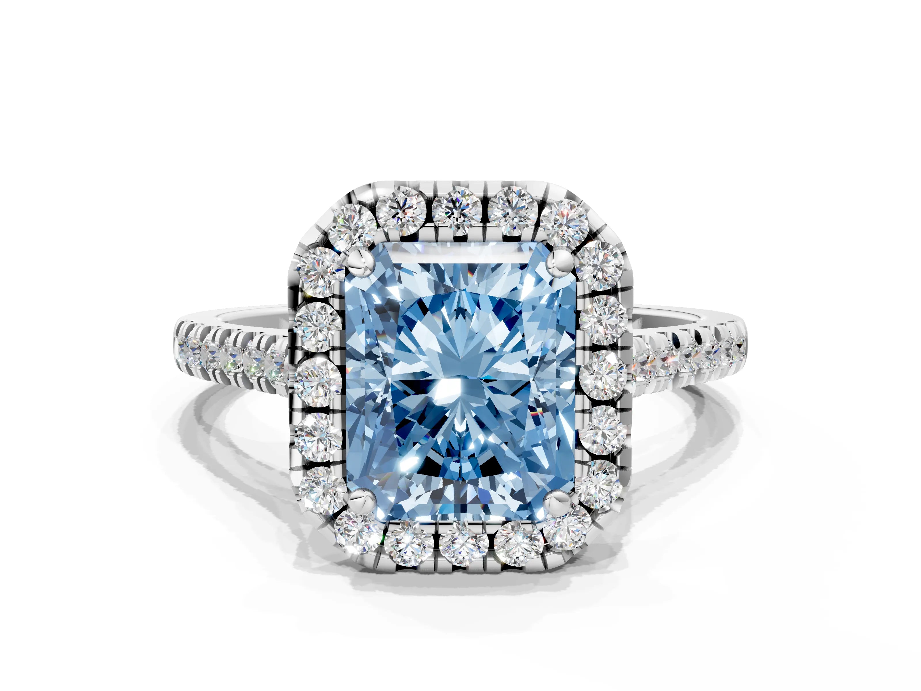 White gold Fancy Blue Radiant Cut Diamond Cushion Halo Ring with Pavé Band