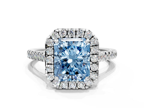 White gold Fancy Blue Radiant Cut Diamond Cushion Halo Ring with Pavé Band