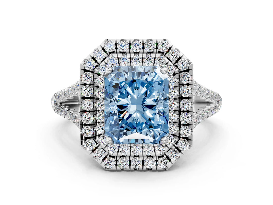 White gold Fancy Blue Radiant Cut Diamond Double Halo Ring with Pavé Band and Prong Setting_116