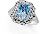 White gold Fancy Blue Radiant Cut Diamond Double Halo Ring with Pavé Band and Prong Setting_117